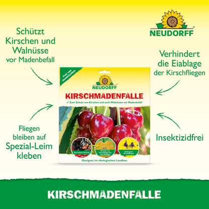Product image for Neudorff Shop cherry maggot trap, with cherries and green text indicating that it is insecticide-free, protects against cherry fruit flies, and uses a special adhesive for a successful cherry harvest.