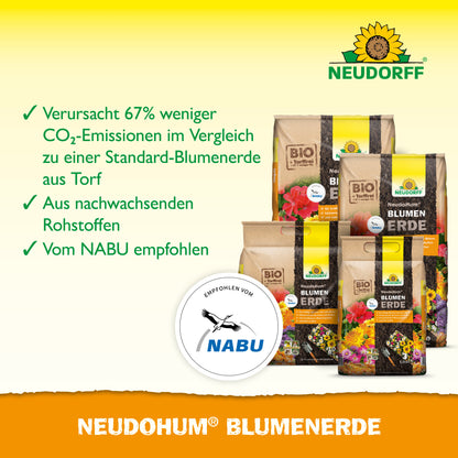 Tüten von NeudoHum BlumenErde aus dem Neudorff Shop werden gemeinsam präsentiert. Der Text weist auf geringeren CO₂-Ausstoß, nachwachsende Rohstoffe und eine NABU-Empfehlung hin. Das NABU-Logo erscheint - perfekt für den Anbau gesunder Gartenpflanzen.