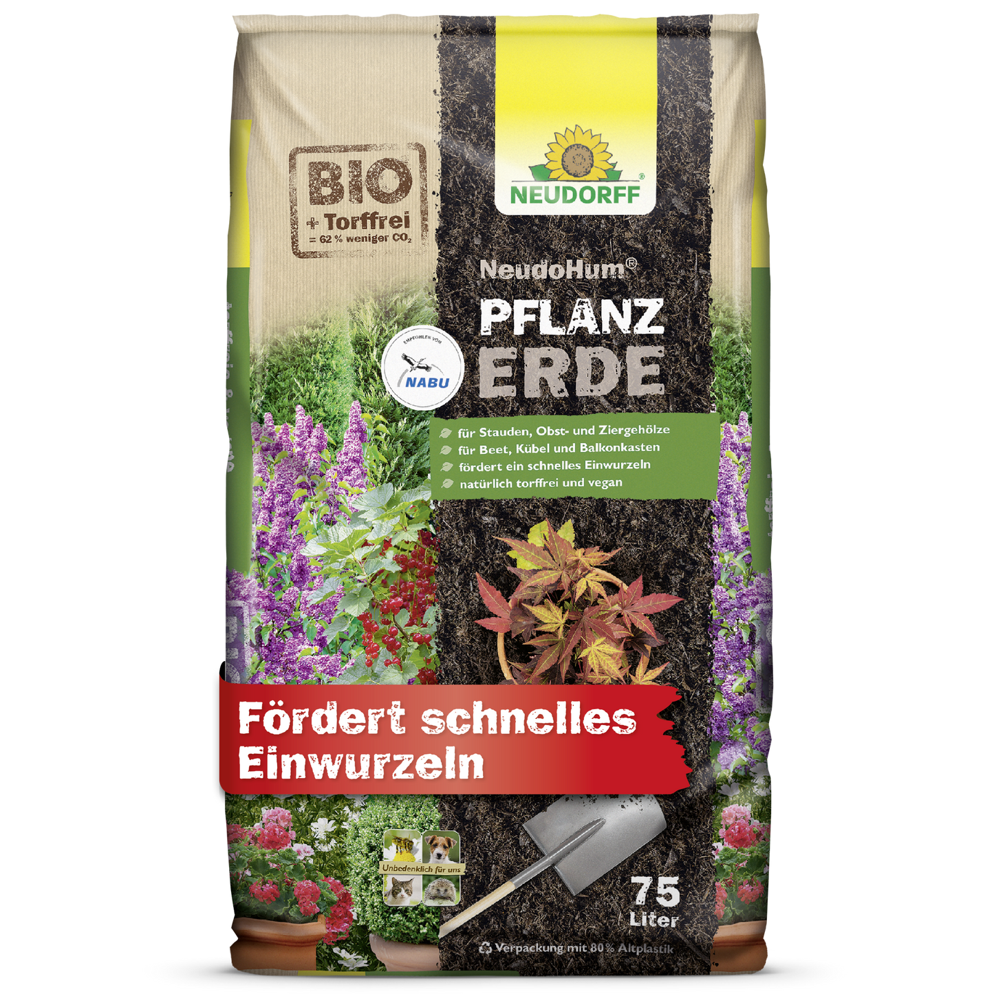 A 75-liter bag of Neudorff Shop NeudoHum Plant Soil, depicted with bright flowers and a shovel, offers a biological, peat-free, vegan mix, ideal for the rapid rooting of shrubs and perennials - just as depicted on the packaging.