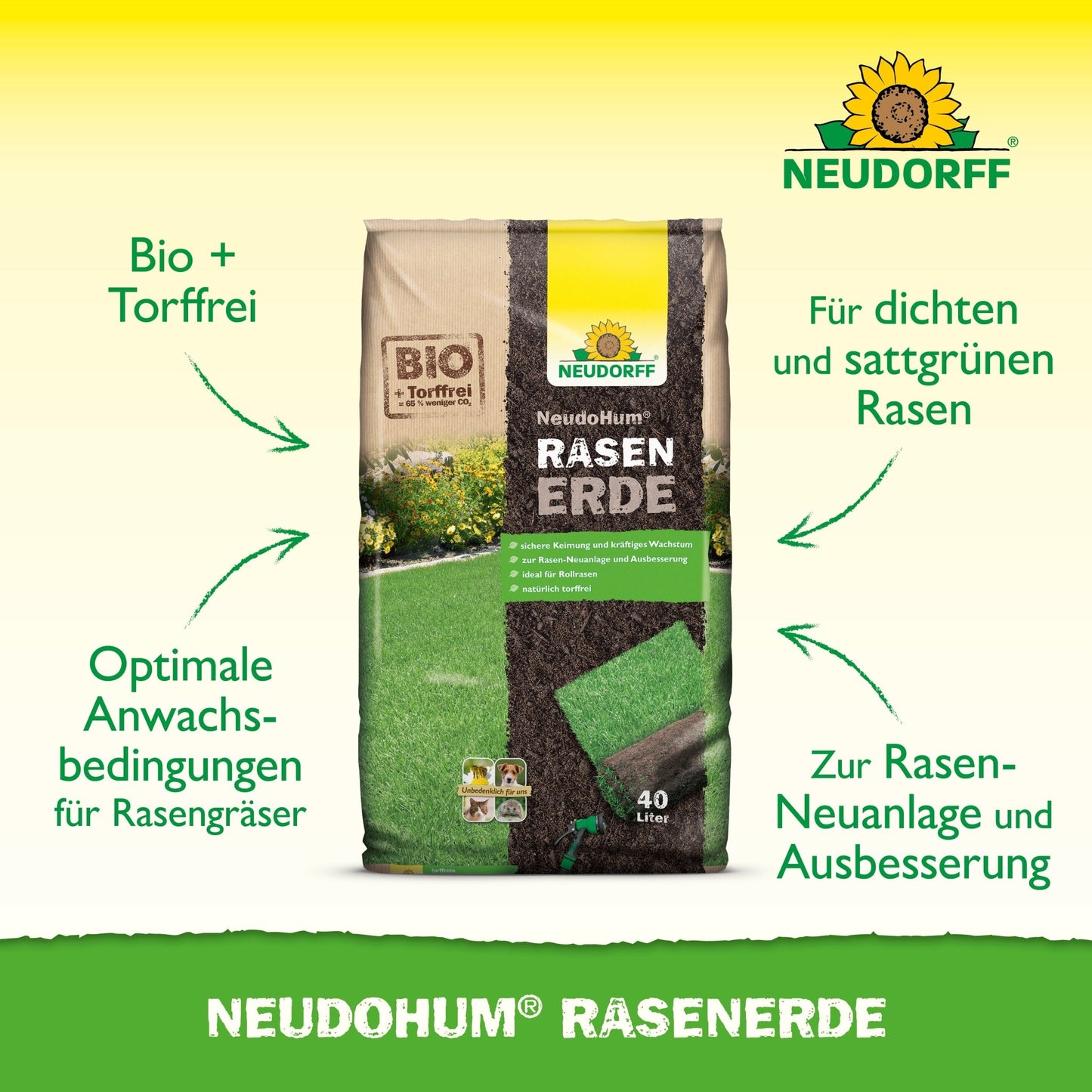 A 40-liter bag of NeudoHum Lawn Soil from Neudorff Shop is placed on the lawn. This peat-free, organic lawn soil promotes strong growth - perfect for creating, repairing, or maintaining a lush green lawn.