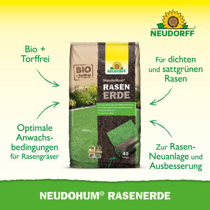 A 40-liter bag of NeudoHum Lawn Soil from Neudorff Shop is placed on the lawn. This peat-free, organic lawn soil promotes strong growth - perfect for creating, repairing, or maintaining a lush green lawn.