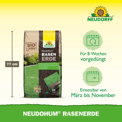 Pictured is a 40-liter bag of NeudoHum Lawn Soil from Neudorff Shop with a height of 77 cm, 8 weeks of pre-fertilization, and suitable for use from March to November. The Neudorff logo is shown at the top right.