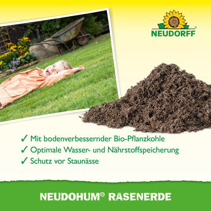 A child lies in the grass next to a mound of soil. The Neudorff Shop logo and the sunflower appear at the top right. Highlighted: "NeudoHum Lawn Soil" for lawns - with biochar, retains water and nutrients, protects against waterlogging.
