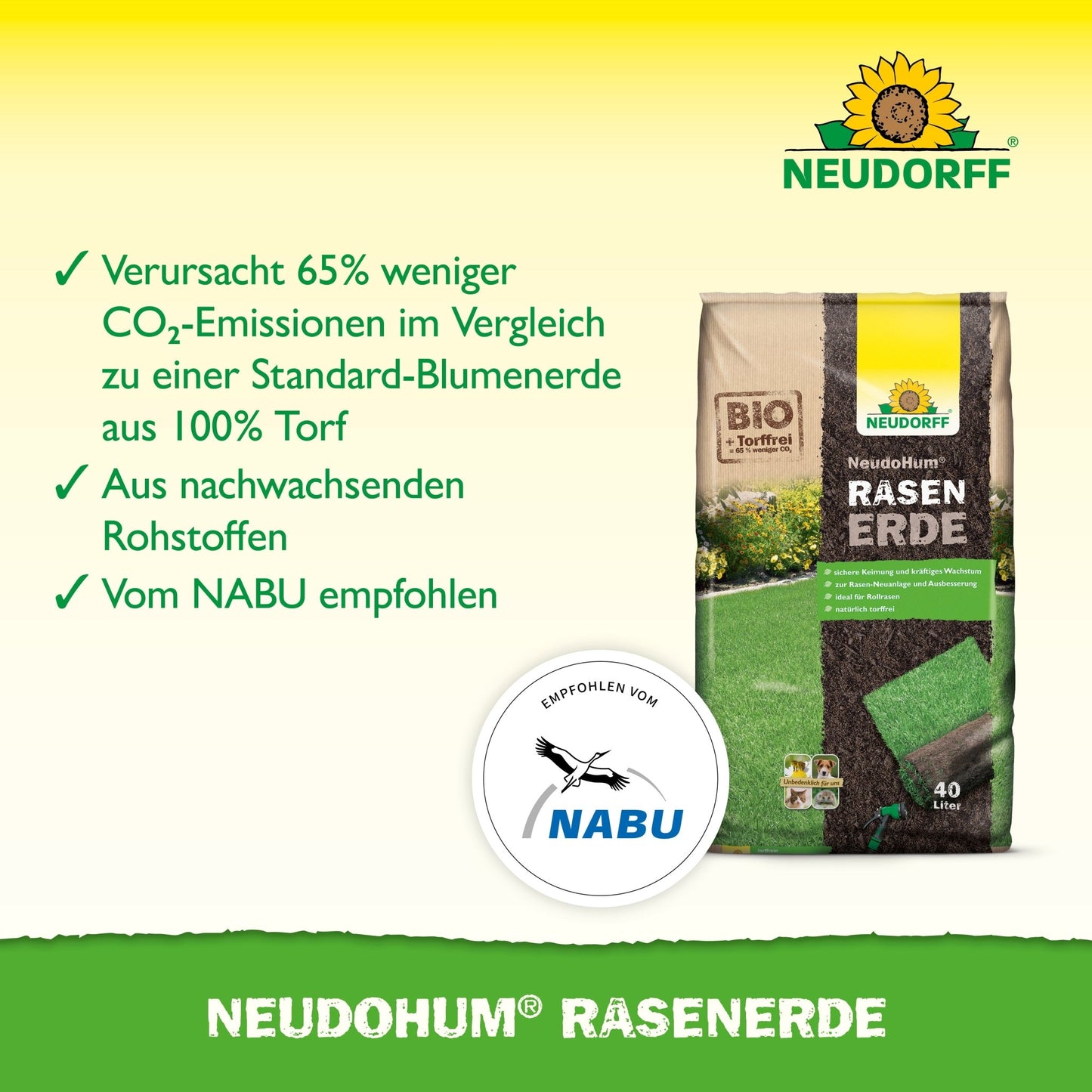 A bag of NeudoHum Lawn Soil from Neudorff Shop stands upright on a green area, ideal for laying lawns. Pictograms and texts indicate reduced CO₂ emissions, renewable raw materials, and a NABU recommendation.