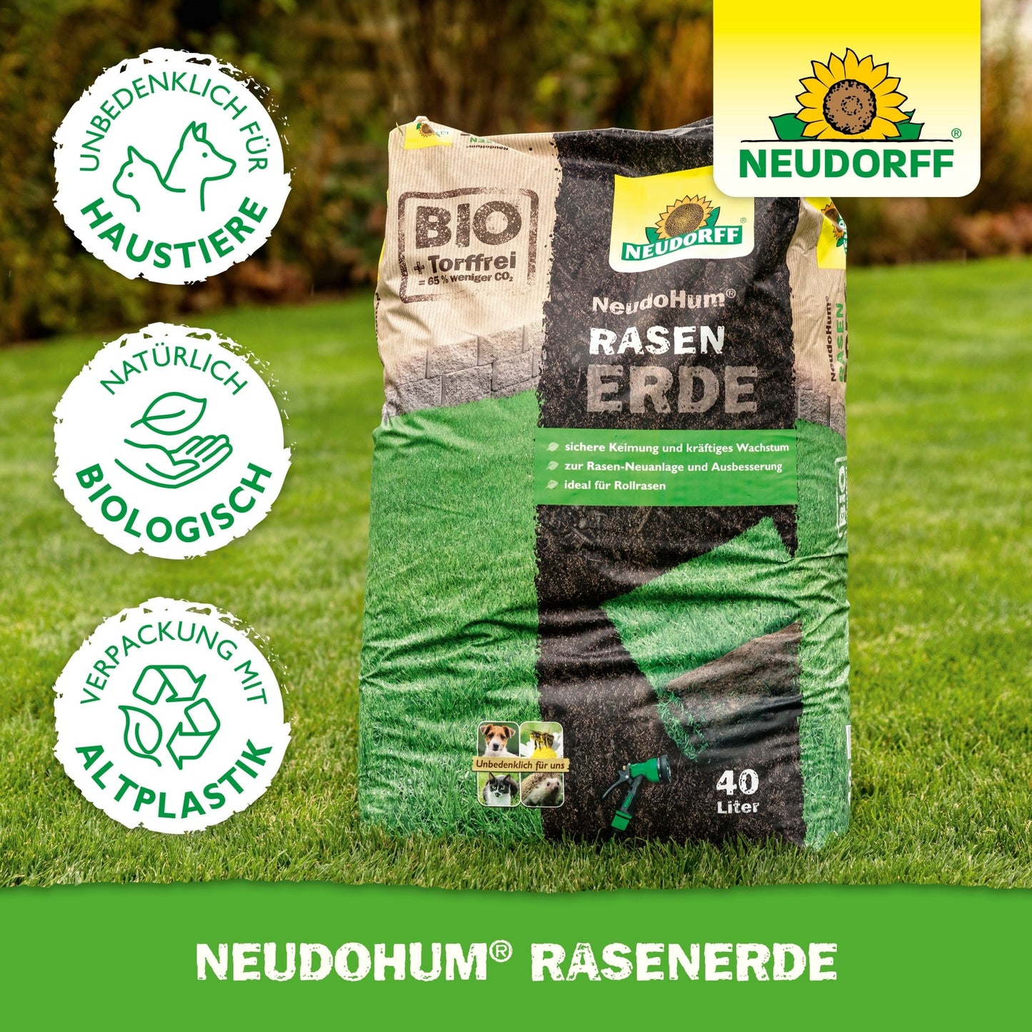 A 40-liter bag of NeudoHum Lawn Soil from Neudorff Shop lies on the lawn - ideal for new lawn areas. The packaging offers safety for pets, natural organic contents, and is environmentally friendly with recycled plastic.