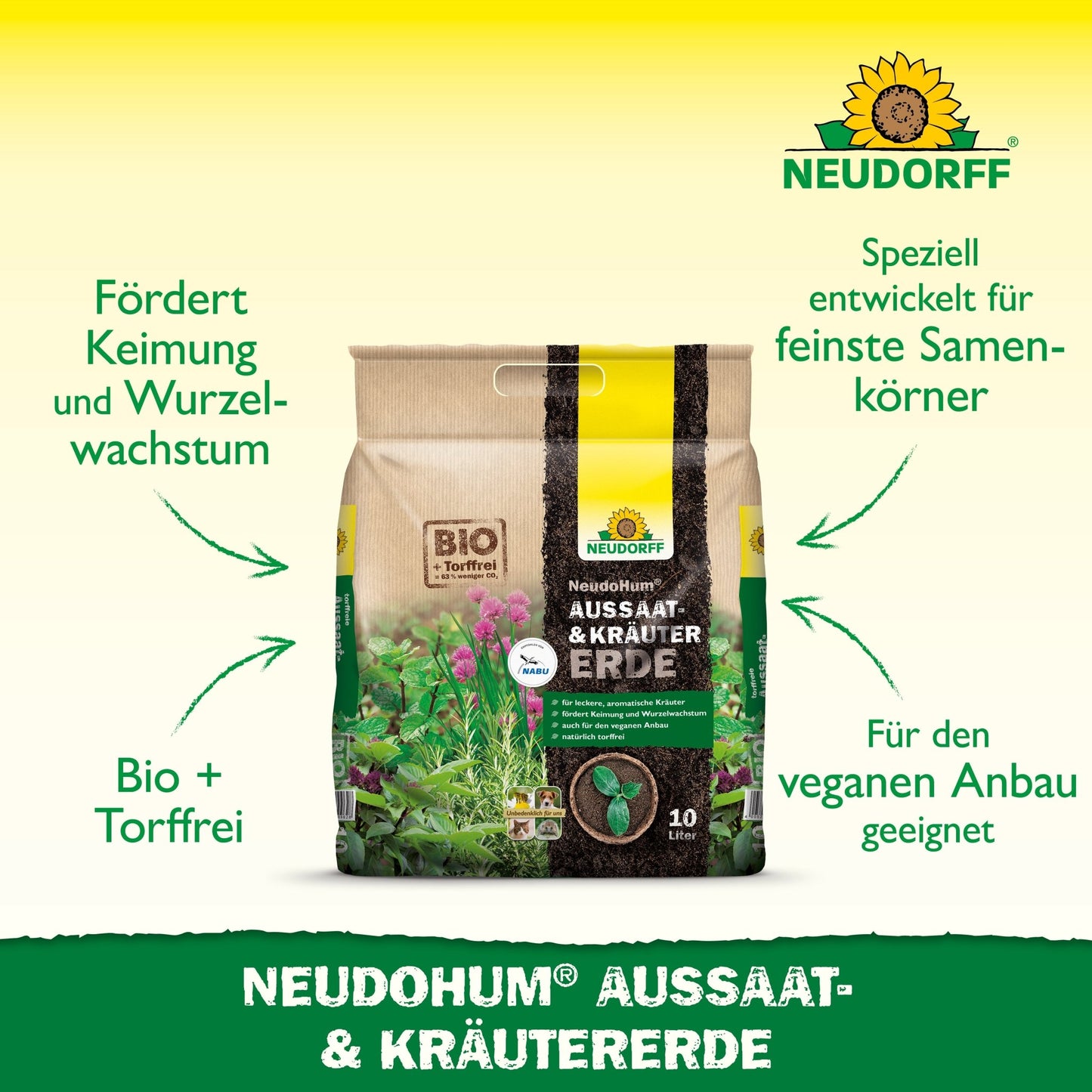 A bag of Neudorff Shop NeudoHum Seed & Herb Soil stands upright against a white background with green and yellow accents, featuring a German text about its vegan suitability and ideal use for propagating flowers and vegetables.