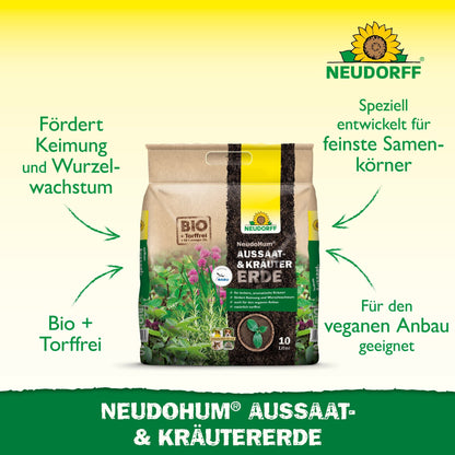 A bag of Neudorff Shop NeudoHum Seed & Herb Soil stands upright against a white background with green and yellow accents, featuring a German text about its vegan suitability and ideal use for propagating flowers and vegetables.