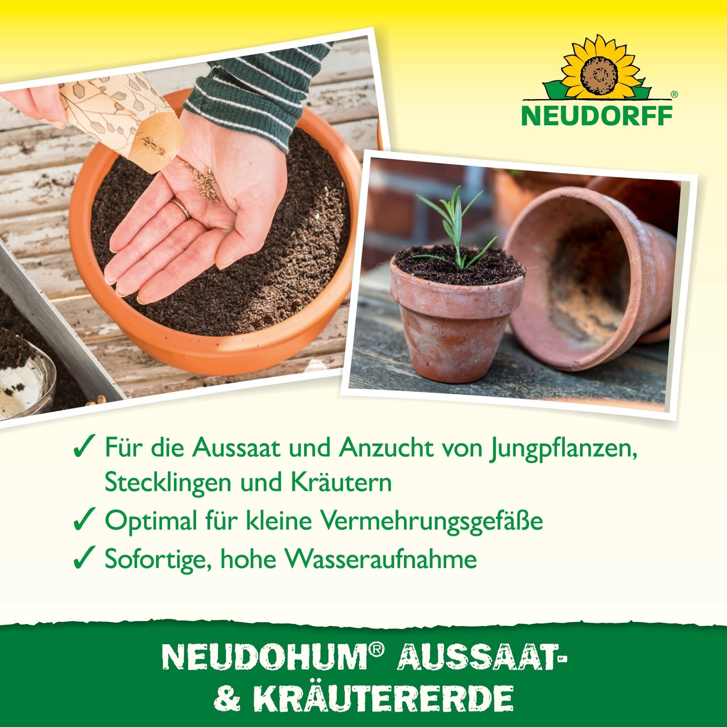 A hand fills a small terracotta pot with NeudoHum Seed & Herb Soil from Neudorff Shop using a wooden spoon. Below, a sprouting plant sits in another pot, while a German text describes how this soil helps propagate flowers and vegetables.