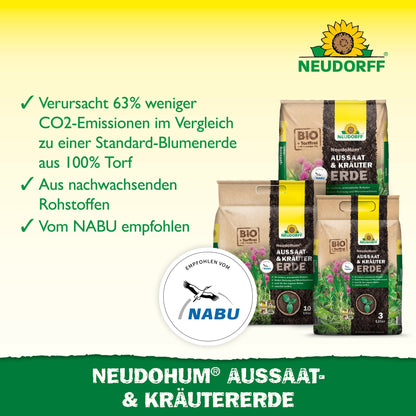 Three bags of NeudoHum Seed & Herb Soil from Neudorff Shop lie on green grass. The text points out reduced CO₂ emissions, renewable raw materials, and a NABU recommendation for propagating flowers and vegetables. The NABU logo is visible on the left.