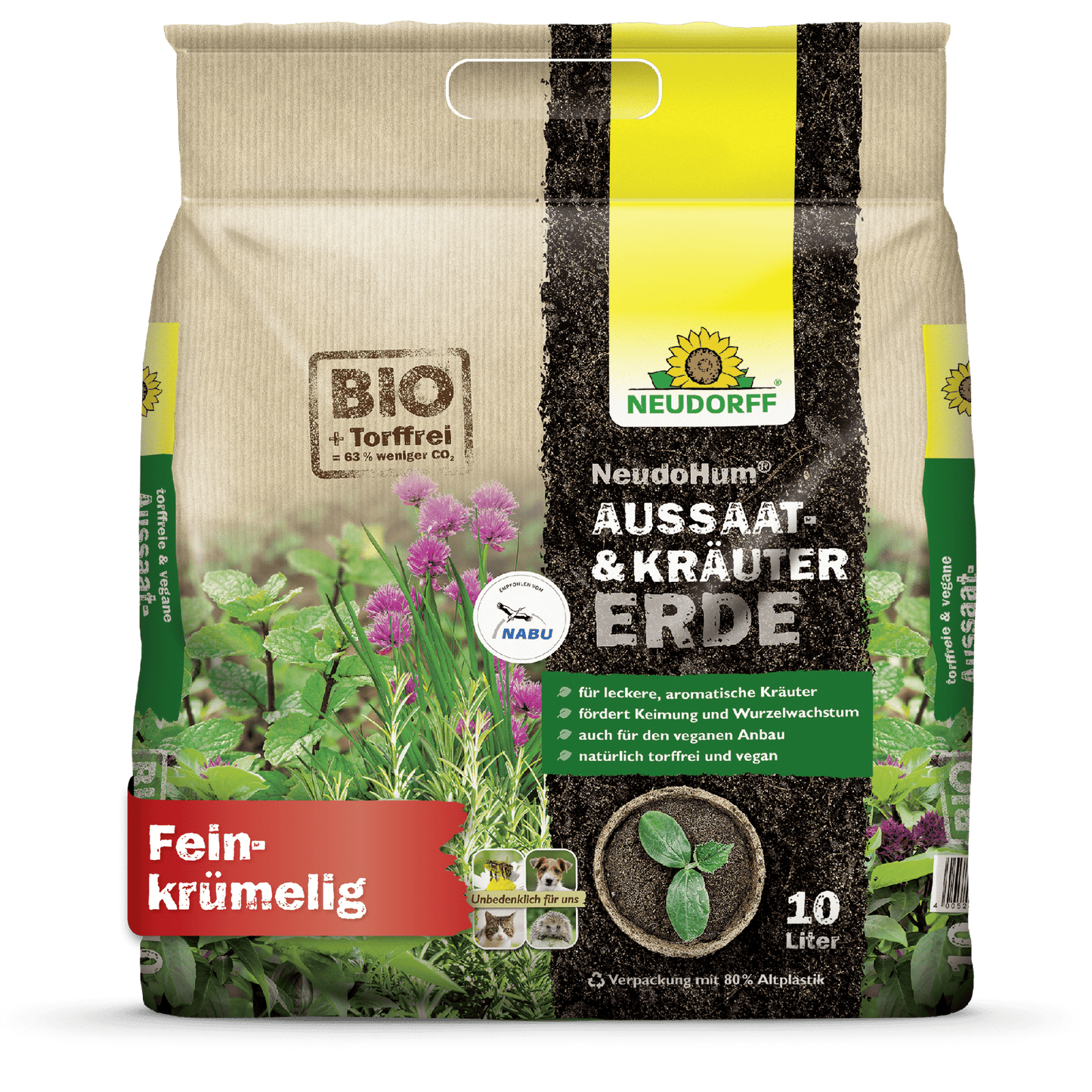 A 10-liter bag of NeudoHum Seed & Herb Soil from Neudorff Shop is adorned with Mediterranean herb motifs, eco-labels, and a text highlighting the organic, peat-free formula - ideal for sowing, herbs, and the propagation of flowers or vegetables.