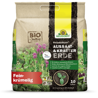 A 10-liter bag of NeudoHum Seed & Herb Soil from Neudorff Shop is adorned with Mediterranean herb motifs, eco-labels, and a text highlighting the organic, peat-free formula - ideal for sowing, herbs, and the propagation of flowers or vegetables.