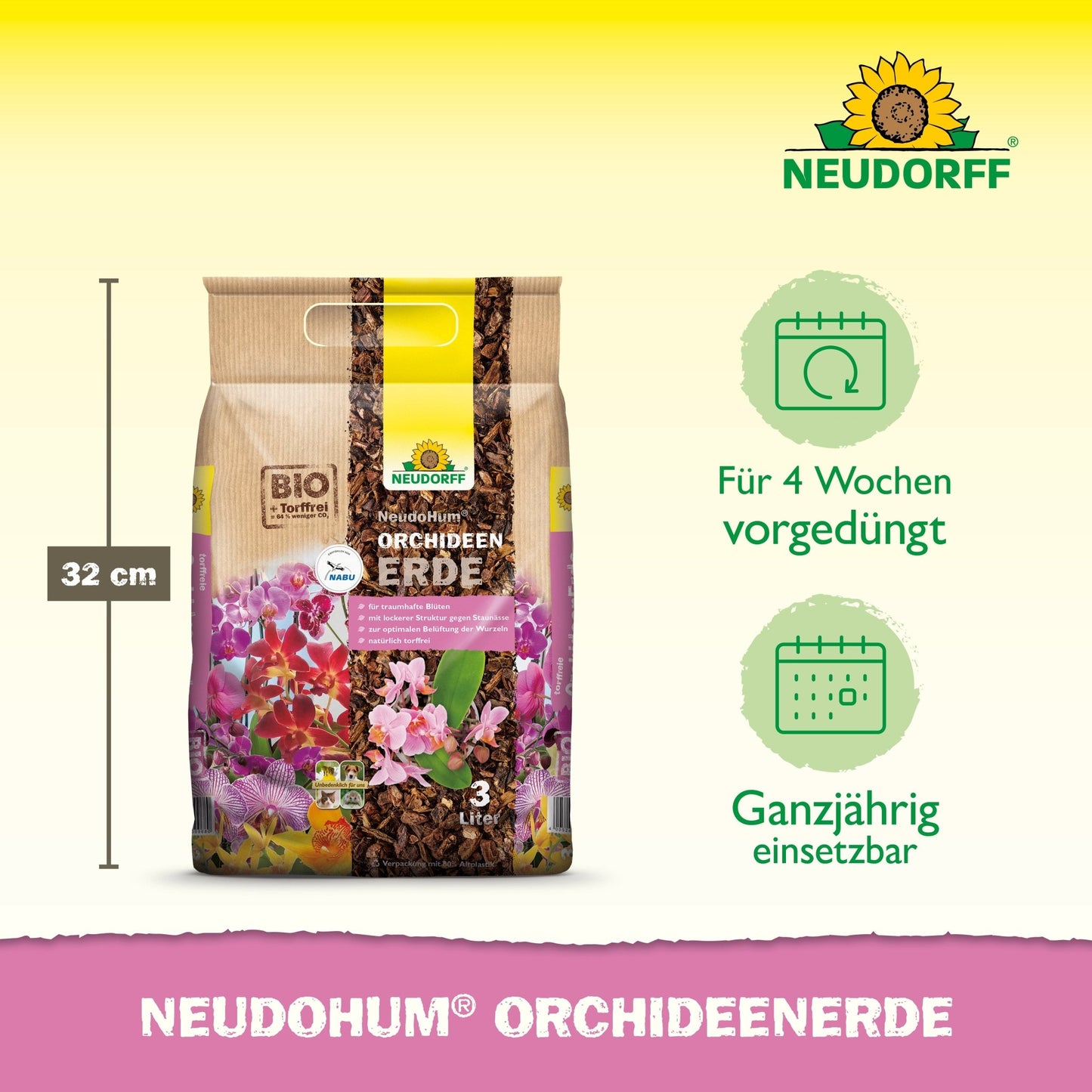 Tá mála 3-lítear de NeudoHum OrchideenErde ón Neudorff Shop ina sheasamh in aice le scála 32 cm ar airde, áit a bhfuil 4 seachtaine de réamhnáisiú agus úsáid ar feadh na bliana marcáilte. Tá an cúlra i ndathanna buí agus bándearg.