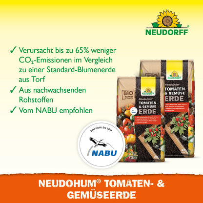 Eine Nahaufnahme der NeudoHum Tomaten- & GemüseErde aus dem Neudorff Shop, dem perfekten Pflanzsubstrat für Sommergemüse, das den Nährstoffbedarf Ihrer Pflanzen erfüllt.