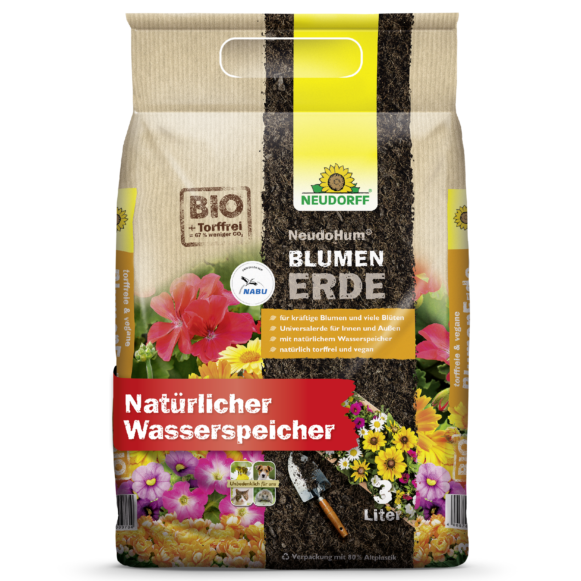 Ein 3-Liter-Beutel NeudoHum BlumenErde von Neudorff Shop mit Blumenbildern, Kelle und Erde auf torffreier Bio-Pflanzsubstrat-Verpackung; dient als natürlicher Wasserspeicher für Gartenpflanzen.