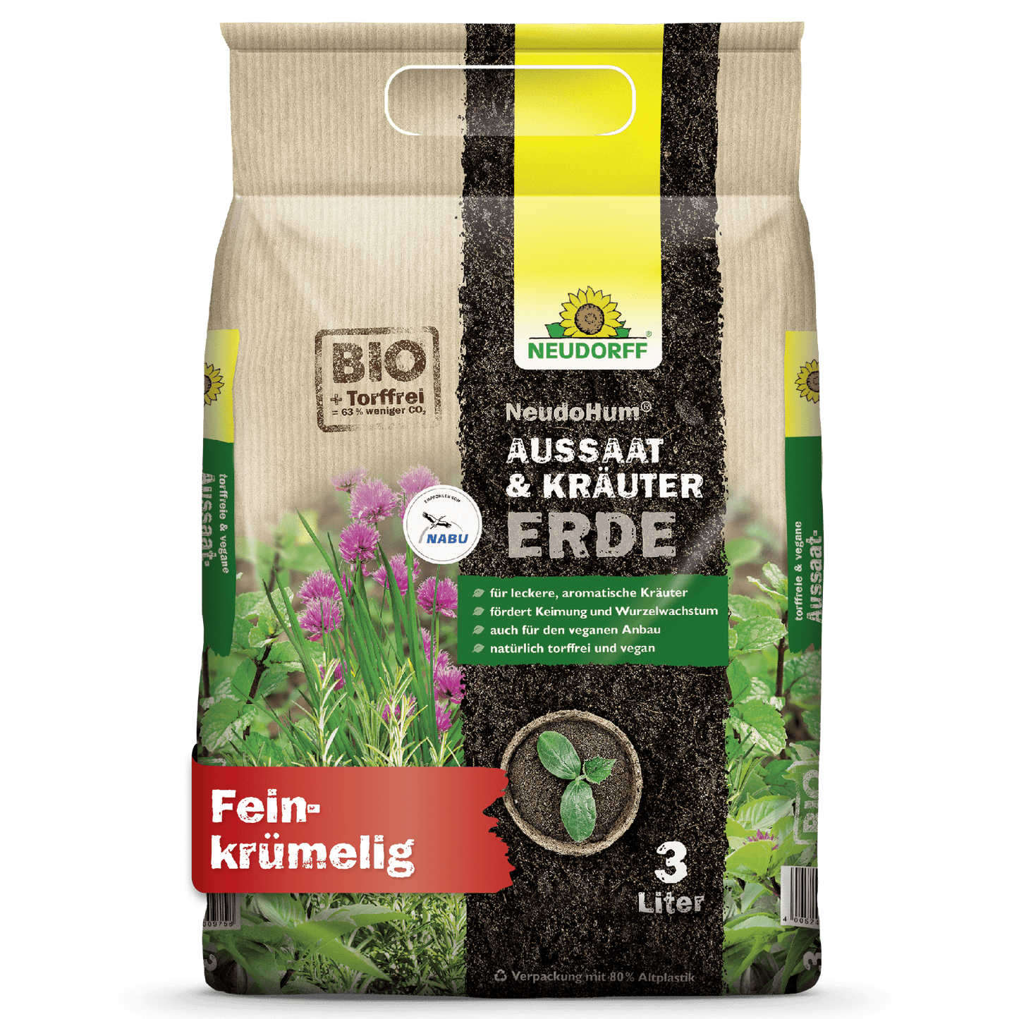A 3-liter bag of Neudorff Shop NeudoHum Seed & Herb Soil for sowing and herbs, in green, earthy packaging with illustrations of Mediterranean herbs, with German text indicating it is organic, peat-free, and vegan.