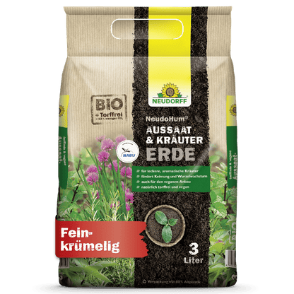 A 3-liter bag of Neudorff Shop NeudoHum Seed & Herb Soil for sowing and herbs, in green, earthy packaging with illustrations of Mediterranean herbs, with German text indicating it is organic, peat-free, and vegan.