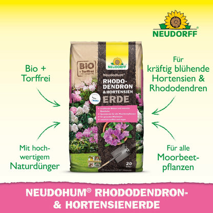A bag of NeudoHum Rhododendron & Hydrangea Soil from the Neudorff Shop is displayed, with text highlighting the organic ingredients, high-quality natural fertilizer, and its use as a planting substrate for rhododendrons and hydrangeas.