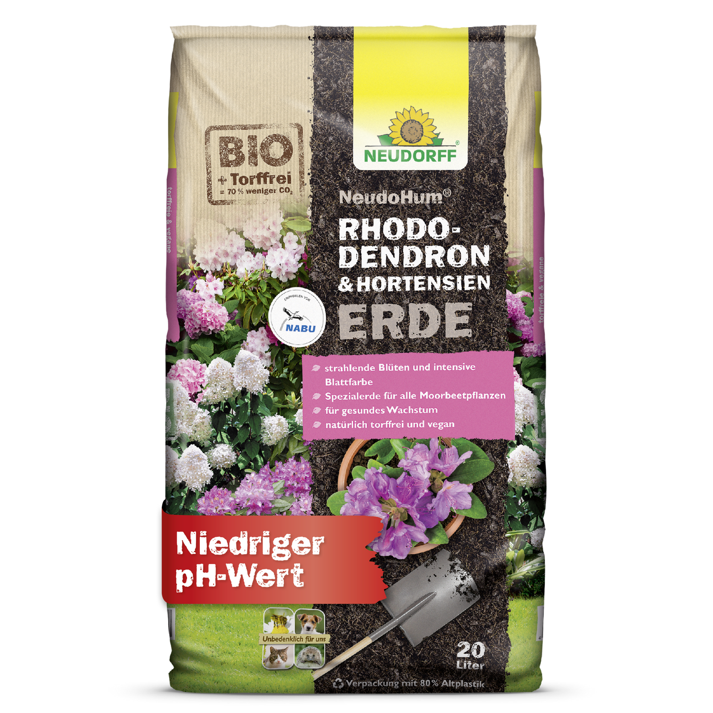 A 20-liter bag of NeudoHum Rhododendron & Hydrangea Soil from Neudorff Shop shows pictures of hydrangeas and rhododendrons and promotes optimal plant growth due to its low pH value.