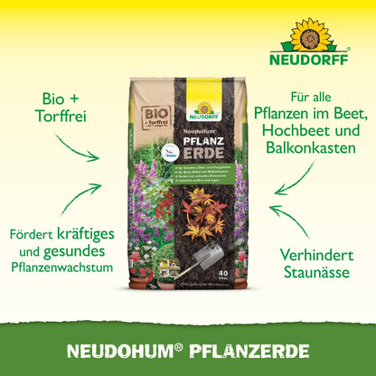 A NeudoHum Plant Soil bag from the Neudorff Shop stands upright and points with arrows and text to the biological, peat-free formula, suitability for perennials and shrubs, prevention of waterlogging, and promotion of healthy growth.
