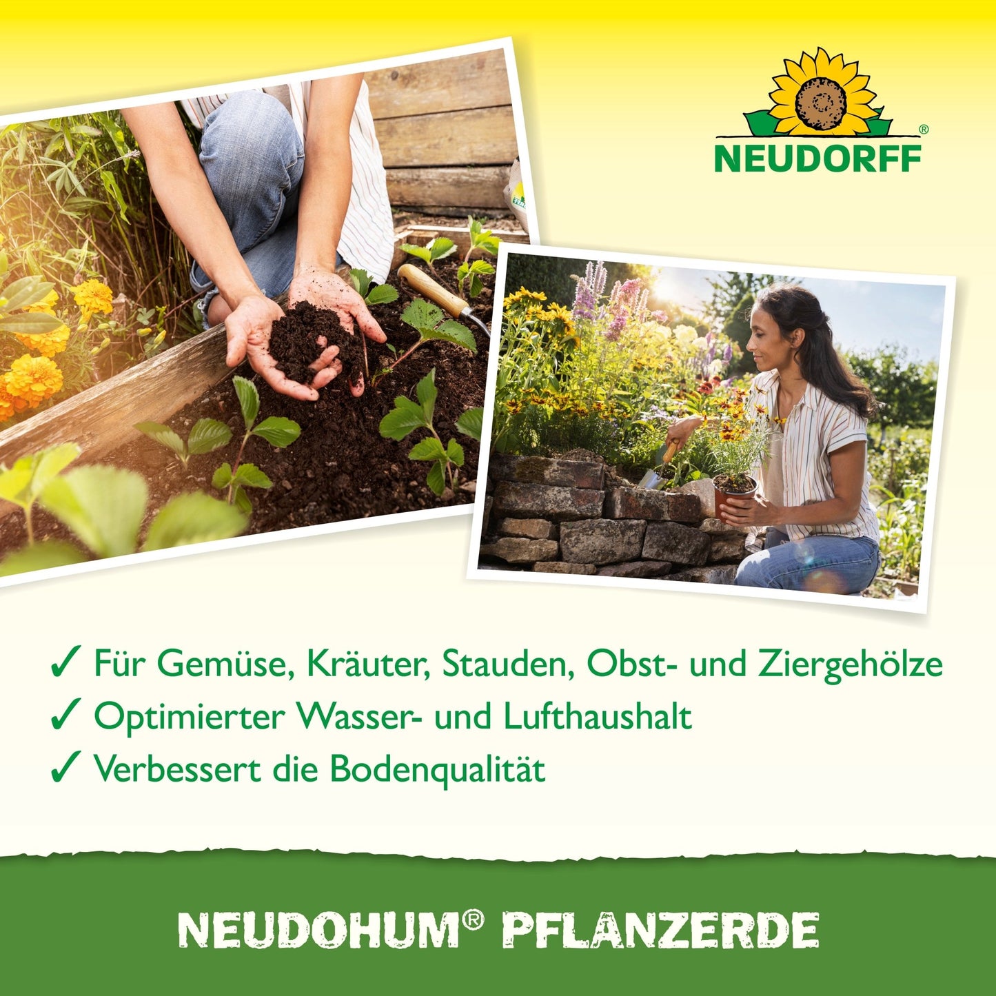 A woman is gardening in a rock bed, ideal for shrubs and perennials. Another photo shows hands with soil and a seedling. The text highlights NeudoHum Plant Soil, peat-free soil from the Neudorff Shop. The Neudorff logo is visible at the top.