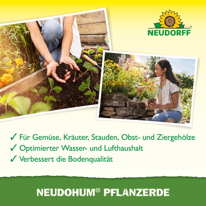 A woman is gardening in a rock bed, ideal for shrubs and perennials. Another photo shows hands with soil and a seedling. The text highlights NeudoHum Plant Soil, peat-free soil from the Neudorff Shop. The Neudorff logo is visible at the top.