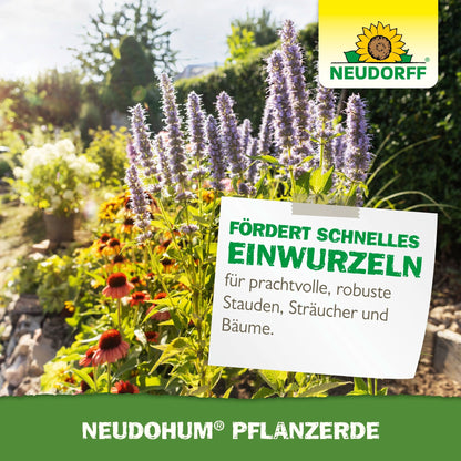 A sunlit garden bed with purple and red flowers. In front of it is a sign: "Promotes quick rooting for magnificent, robust perennials, shrubs, and trees - thanks to peat-free NeudoHum Plant Soil." The Neudorff Shop logo is at the top right.