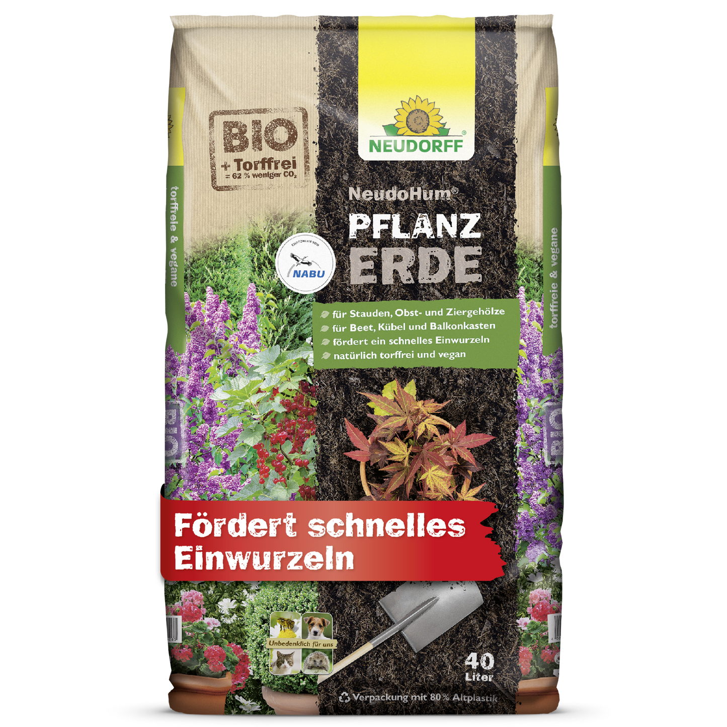 A 40-liter bag of NeudoHum Plant Soil from Neudorff Shop, organic peat-free soil, shows images of flowers, perennials, and garden plants. The German text describes the benefits and usage; at the bottom, a trowel is depicted.