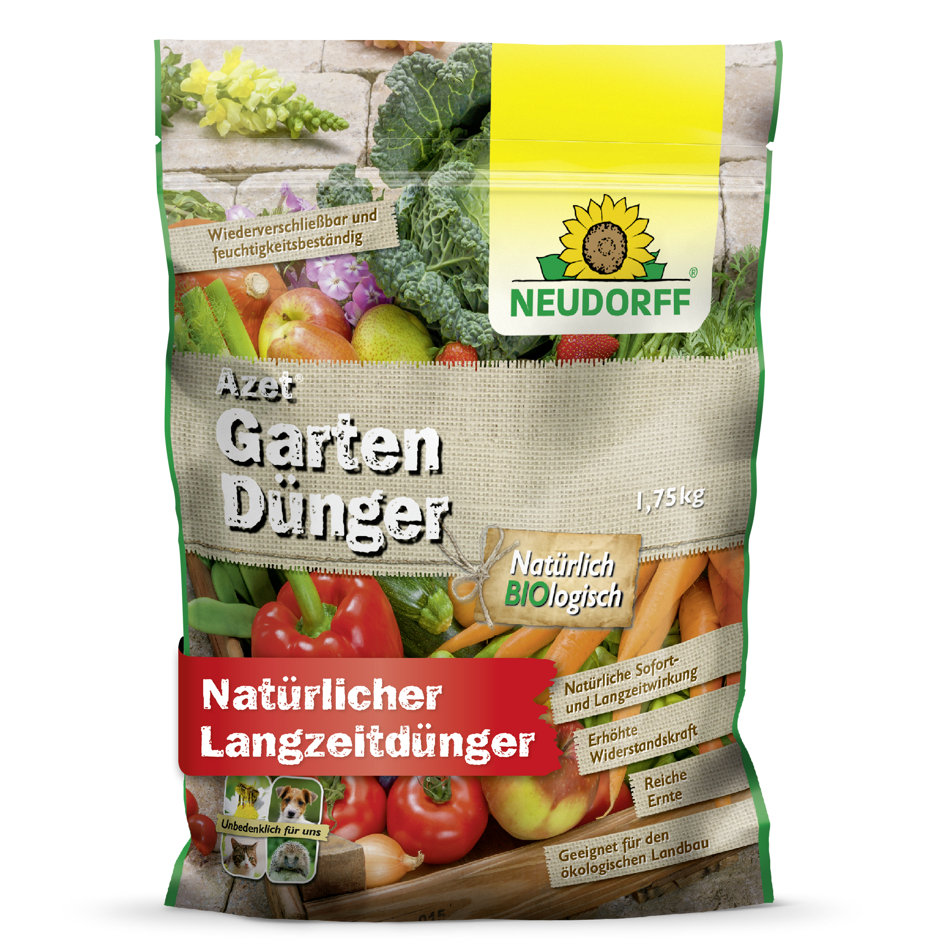 Ein 1,75-kg-Beutel Neudorff Shop Azet GartenDünger, ein organischer Volldünger für den Langzeiteinsatz im ökologischen Gartenbau, zeigt auf der grün-gelben Verpackung leuchtendes Gemüse und ein Sonnenblumen-Logo.