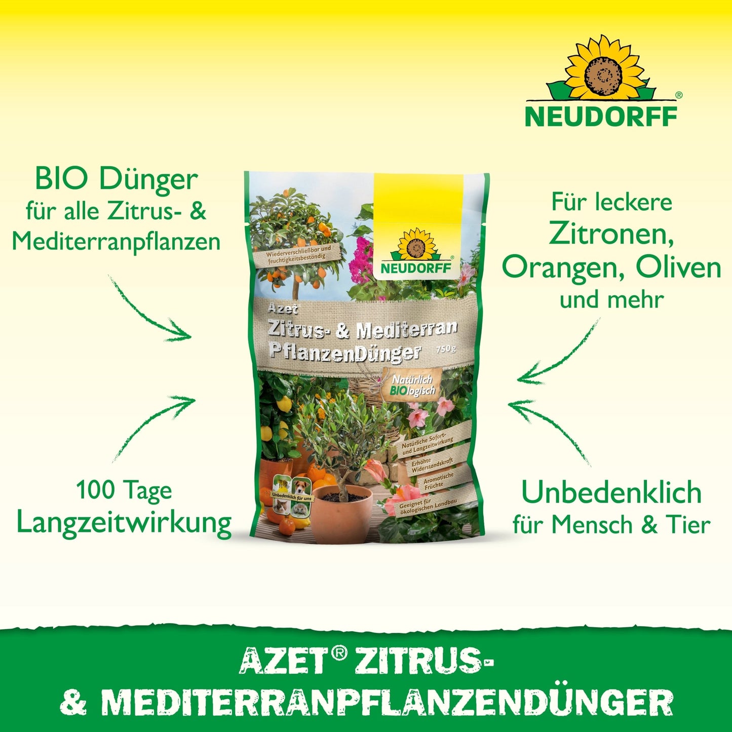 Taispeántar Azet Zitrus- & MediterranpflanzenDünger ón Neudorff Shop, leasachán iomlán orgánach do phlandaí coimeádáin Meánmhara cosúil le líomóidí, ológa, oráistí agus oleander le héifeacht fadtréimhseach.