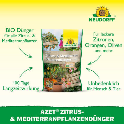 Taispeántar Azet Zitrus- & MediterranpflanzenDünger ón Neudorff Shop, leasachán iomlán orgánach do phlandaí coimeádáin Meánmhara cosúil le líomóidí, ológa, oráistí agus oleander le héifeacht fadtréimhseach.