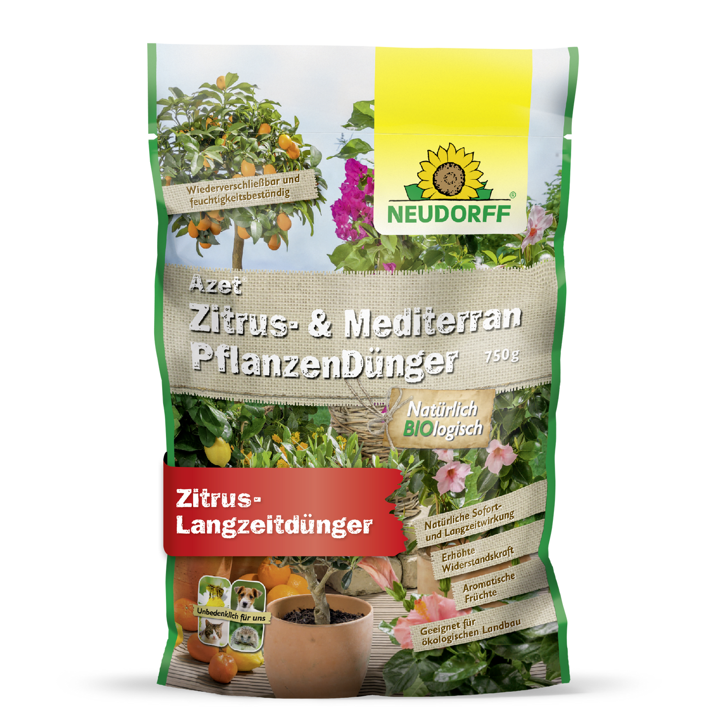 Mála 750g de Neudorff Shop Azet Zitrus- & MediterranpflanzenDünger, idéal do phlandaí coimeádáin Meánmhara cosúil le Oleander. Soláthraíonn an leasachán orgánach seo cothú nádúrtha, fadtréimhseach agus léiríonn sé ar a phacáistiú plandaí citris agus bláthanna.