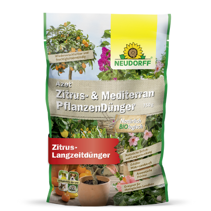 Mála 750g de Neudorff Shop Azet Zitrus- & MediterranpflanzenDünger, idéal do phlandaí coimeádáin Meánmhara cosúil le Oleander. Soláthraíonn an leasachán orgánach seo cothú nádúrtha, fadtréimhseach agus léiríonn sé ar a phacáistiú plandaí citris agus bláthanna.