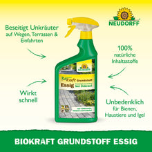 Eine grüne Sprühflasche mit der Aufschrift "Neudorff BioKraft Grundstoff Essig" aus dem Neudorff Shop steht aufrecht. Der deutsche Text hebt die natürlichen Inhaltsstoffe, die schnelle Wirkung und die sichere, effektive Unkrautentfernung für tier- und bienenfreundliche Terrassen und Wege hervor.