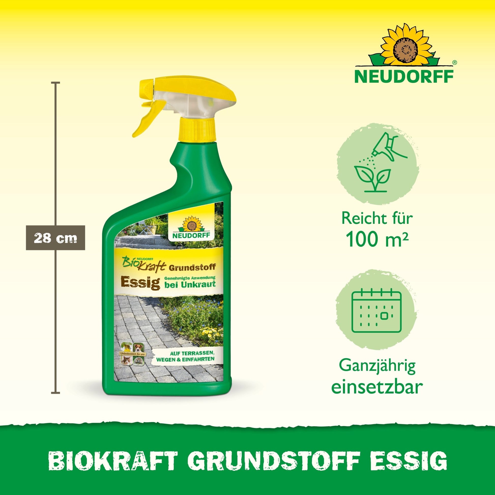Pictured is a 28 cm high spray bottle of Neudorff BioKraft Base Material Vinegar from the Neudorff Shop, covering 100 m² and keeping terraces and paths weed-free - perfect for those who want weed-free terraces all year round.
