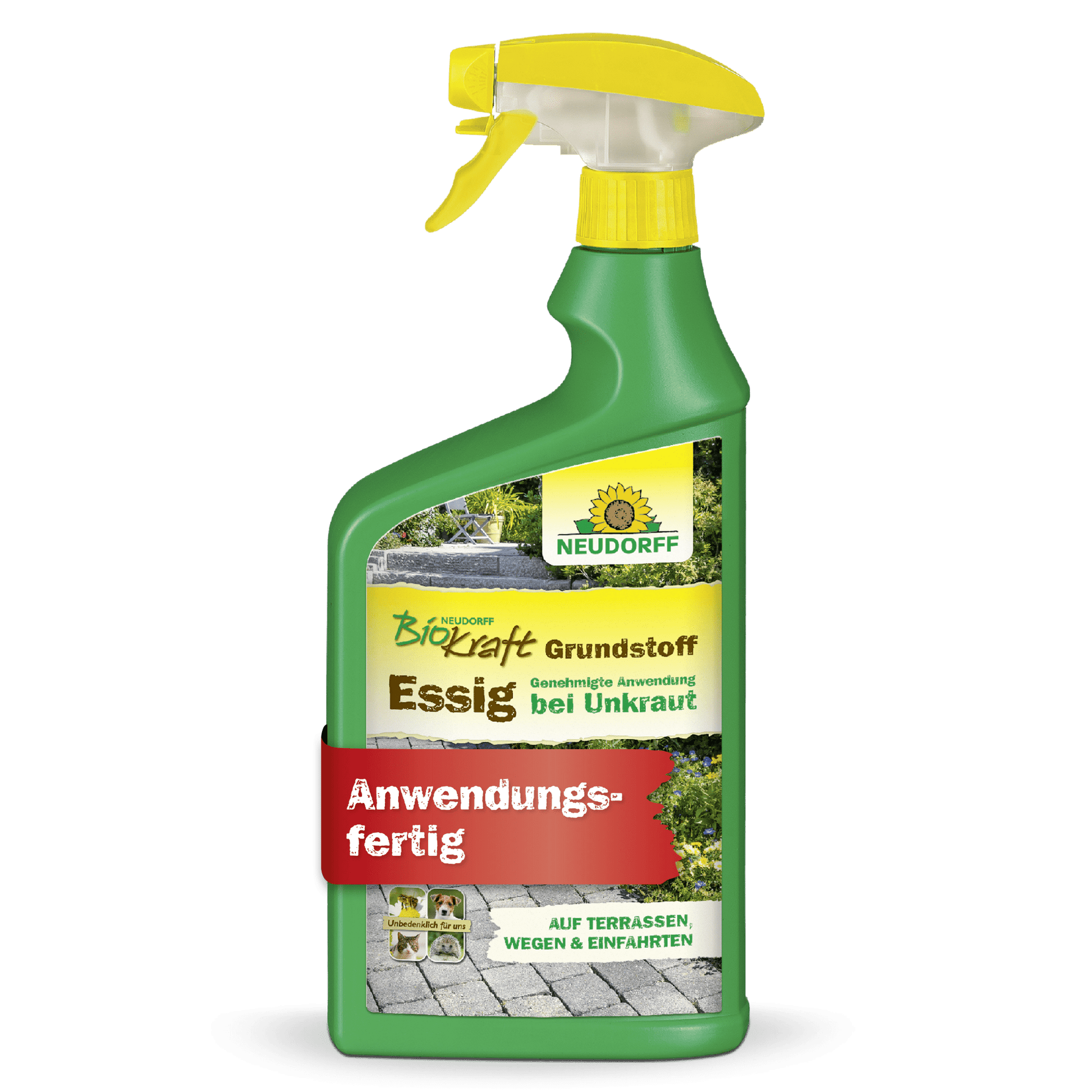 A green spray bottle labeled "Neudorff BioKraft Base Material Vinegar" from the Neudorff Shop, with yellow/white text, a yellow nozzle, and a red "Ready to Use" banner. The label shows paths and terraces for weed-free areas.