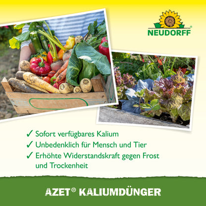Eine Holzkiste mit Gemüse steht neben Blattgemüse. Der Text hebt Azet KaliumDünger von Neudorff Shop hervor, der sofortige Nährstoffverfügbarkeit für die Pflanzendüngung bietet und für Mensch und Tier sicher ist.