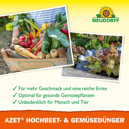 Eine Holzkiste mit Gemüse und Kräutern steht neben dem Foto eines Hochbeets mit Blattgemüse. Oben ist das Logo des Neudorff Shops zu sehen, während unten die Vorteile von Azet Hochbeet- & GemüseDünger in deutscher Sprache aufgeführt sind.