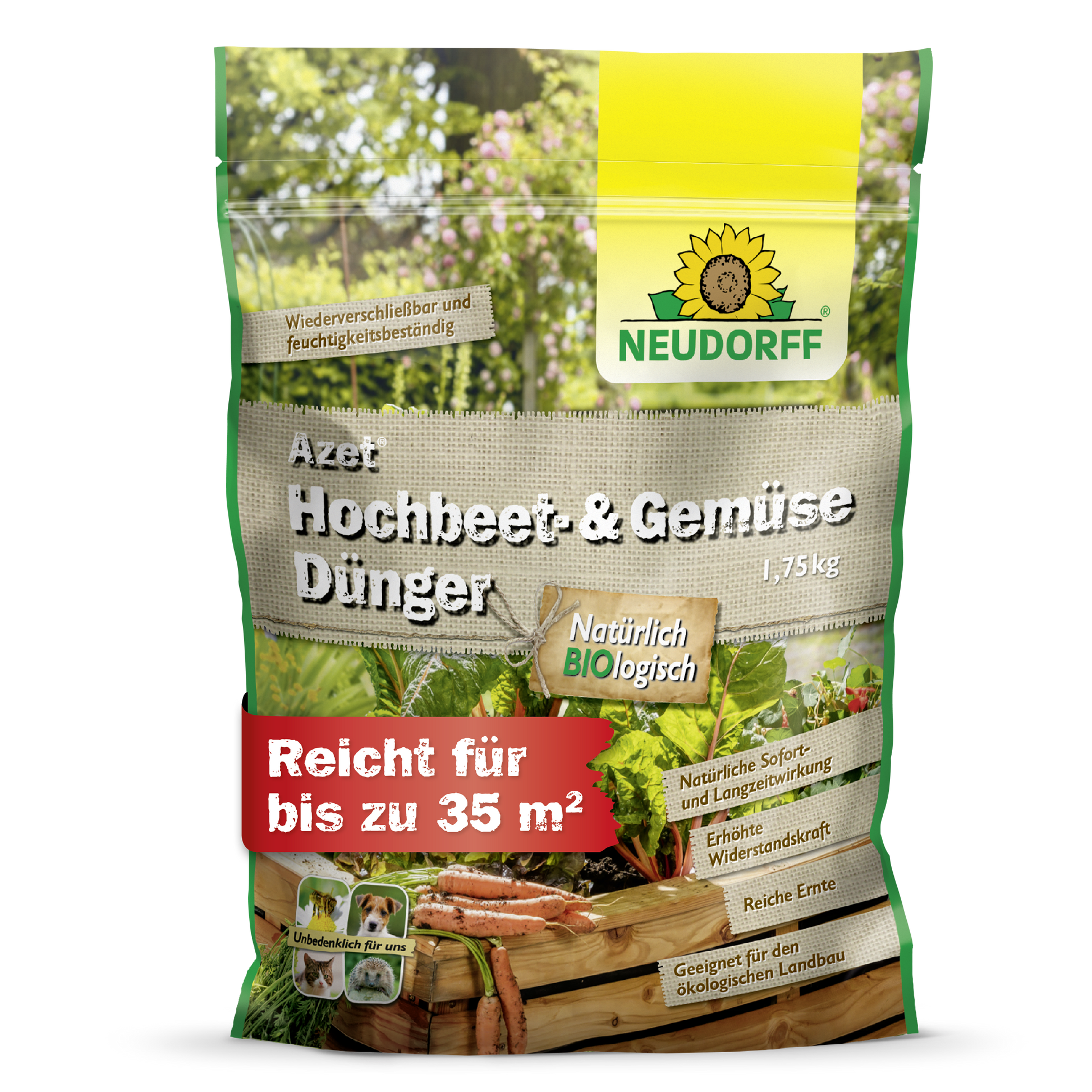 Ein 1,75-kg-Sack Neudorff Shop Azet Hochbeet- & GemüseDünger steht aufrecht in einer grün-beigen Verpackung mit Gemüse, einem Hochbeet und einem Text, der auf die Verwendung für Gemüse und Kräuter und seine Bio-Qualitäten hinweist.