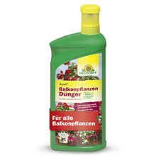 A green bottle of Neudorff Shop Azet Liquid Balcony Plant Fertilizer with a yellow cap is labeled with flowers and German text, ideal for all balcony plants like summer flowers and window boxes.