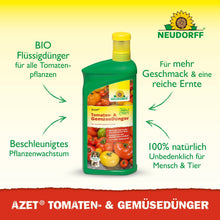 A green bottle of Neudorff Shop Azet Tomato & Vegetable Fertilizer liquid is depicted with tomatoes, peppers, and cucumbers on the label. The German text highlights organic liquid fertilizer and natural ingredients for balcony vegetables.