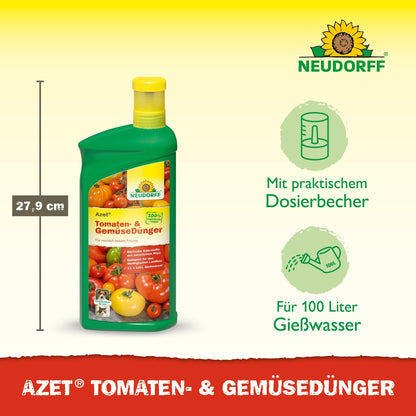 Depicted is a 27.9 cm tall green bottle of Neudorff Shop Azet Tomato & Vegetable Fertilizer liquid with a measuring cup, suitable for up to 100 liters of watering solution for tomatoes and balcony vegetables.