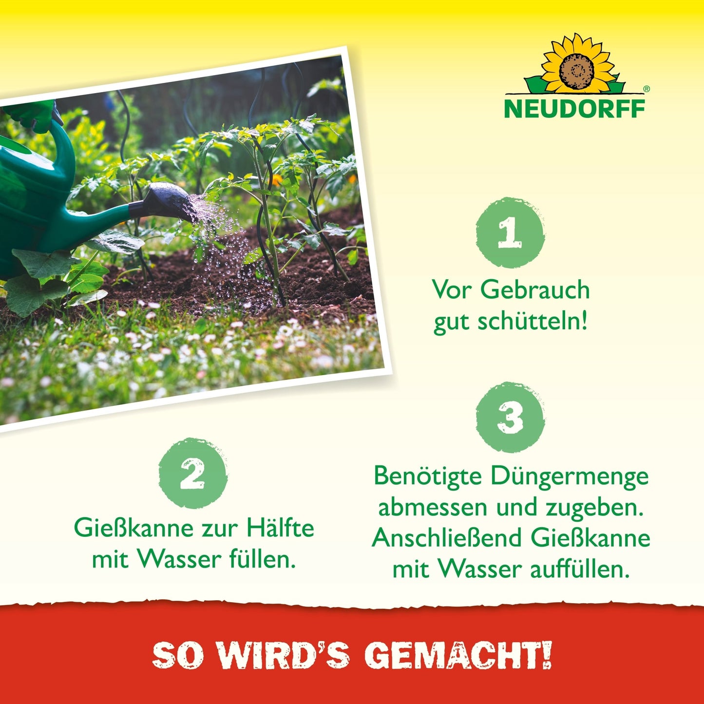 A photo shows a green watering can pouring water on garden plants. Neudorff Shop instructions and logo explain in three steps how to mix Azet Tomato & Vegetable Fertilizer liquid with water for tomatoes or balcony vegetables.
