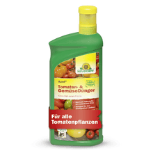 A green bottle of Neudorff Shop Azet Tomato & Vegetable Fertilizer liquid, a liquid fertilizer perfect for tomatoes and balcony vegetables. The label features tomatoes, vegetables, and a red inscription: "For all tomato plants.