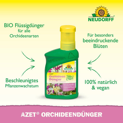 Pictured is a green bottle of Neudorff Shop Azet Orchid Fertilizer liquid with a yellow cap. The 100% natural, vegan formula supports magnificent blooms and faster growth - ideal for anyone who wants to fertilize orchids.