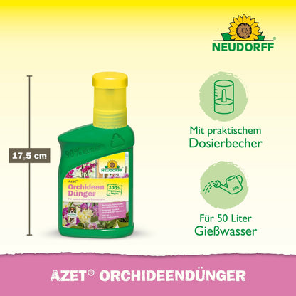Pictured is a 17.5 cm tall green bottle of Neudorff Shop Azet Orchid Fertilizer liquid with a yellow cap. The pictograms show that it has a dosing cup, holds 50 liters, and supports vibrant blooms. The label text is in German.