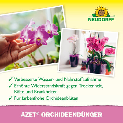 A hand touches a blooming orchid, and another photo shows pink orchids in pots. The text advertises Azet Orchid Fertilizer liquid for beautiful blooms. The logo of the Neudorff Shop is visible at the top.