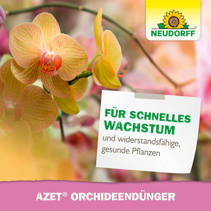 A close-up of yellow and pink orchids with the Neudorff Shop logo. The German text advertises "Azet Orchid Fertilizer liquid" for stunning blooms, rapid growth, and strong, healthy plants.