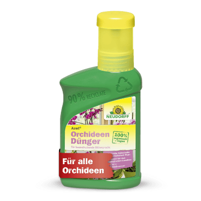 Azet Orchid Fertilizer liquid from Neudorff Shop in a green bottle with a yellow cap - ideal for fertilizing orchids and for magnificent blooms.