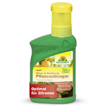 A green plastic bottle from Neudorff Shop Azet Citrus & Mediterranean Plant Liquid Fertilizer with a yellow cap, 100% vegan, made from 90% recycled material, ideal for lemons, oleander, and other Mediterranean plants.