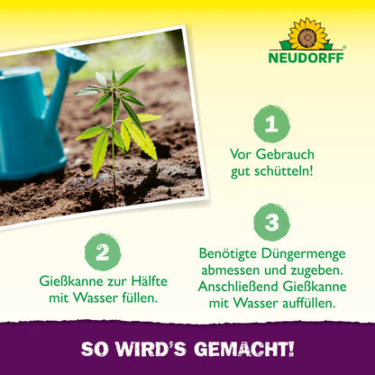 Eine blaue Gießkanne sitzt neben einer kleinen grünen Cannabispflanze in der Erde. Drei deutsche Schritte zum Anbau von Cannabis mit Azet GrowDünger aus dem Neudorff Shop sind abgebildet, dazu das Neudorff-Logo und "SO WIRD'S GEMACHT!" in einem lila Banner darunter.